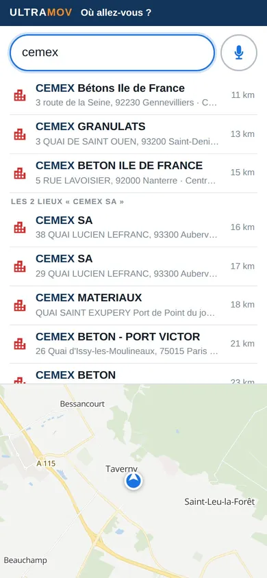 Recherche « cemex » dans le GPS ULTRAMOV : les sites CEMEX classés par distance
